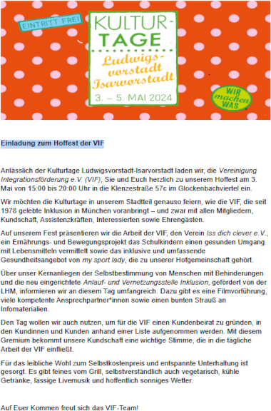 Einladung zum VIF Hoffest 3. bis 5. Mai 2024